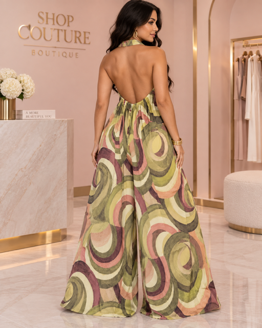 ABSTRACT PRINT HALTER WIDE LEG JUMPSUIT