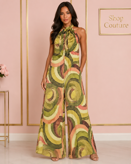 ABSTRACT PRINT HALTER WIDE LEG JUMPSUIT