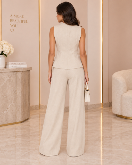 CREAM BUTTON UP TWO PIECE SUIT SET