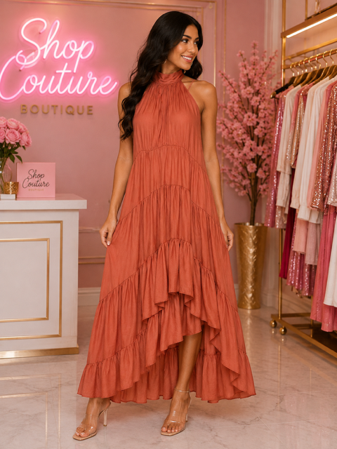 CORAL RUFFLE OPEN BACK MAXI DRESS