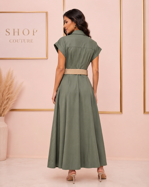 GREEN BUTTON UP BELTED DRESS
