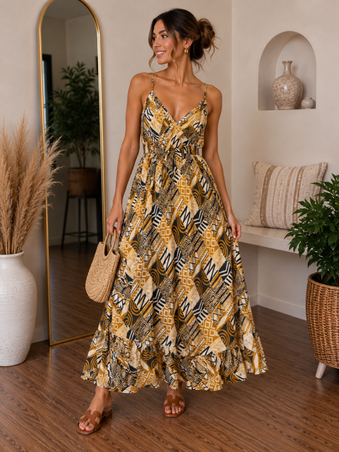 MUSTARD ABSTRACT PRINT MAXI DRESS