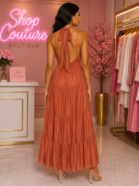 CORAL RUFFLE OPEN BACK MAXI DRESS