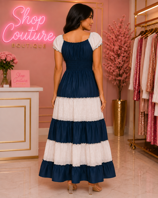 OFF SHOULDER NAVY STRIPE MAXI DRESS