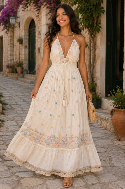 BHHO EMBROIDERD HALTER MAXI DRESS