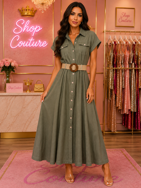 GREEN BUTTON UP BELTED DRESS