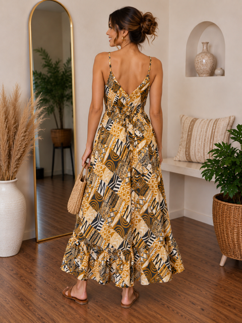 MUSTARD ABSTRACT PRINT MAXI DRESS
