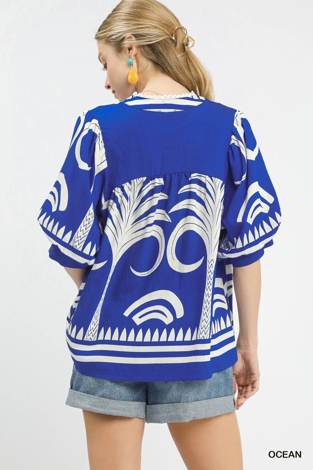 Folk Art Palm Print V-Neck Top