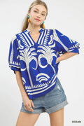 Folk Art Palm Print V-Neck Top
