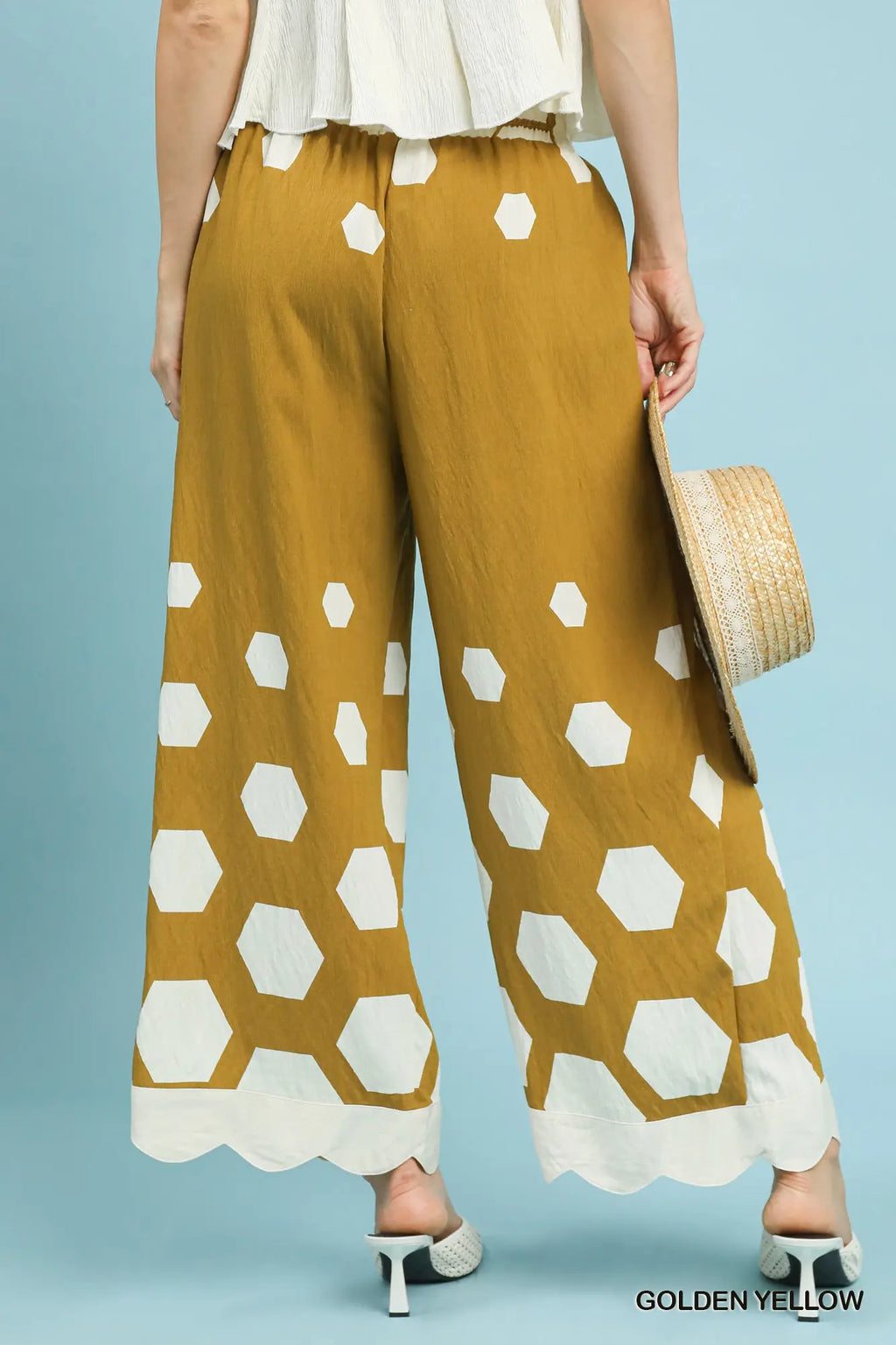 Hexagon Print Wide Leg Pants with Scalloped Hem