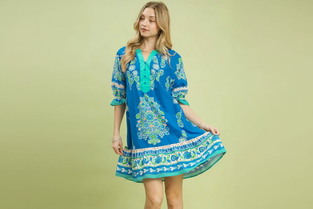 Print Henley Tiered Mini Dress