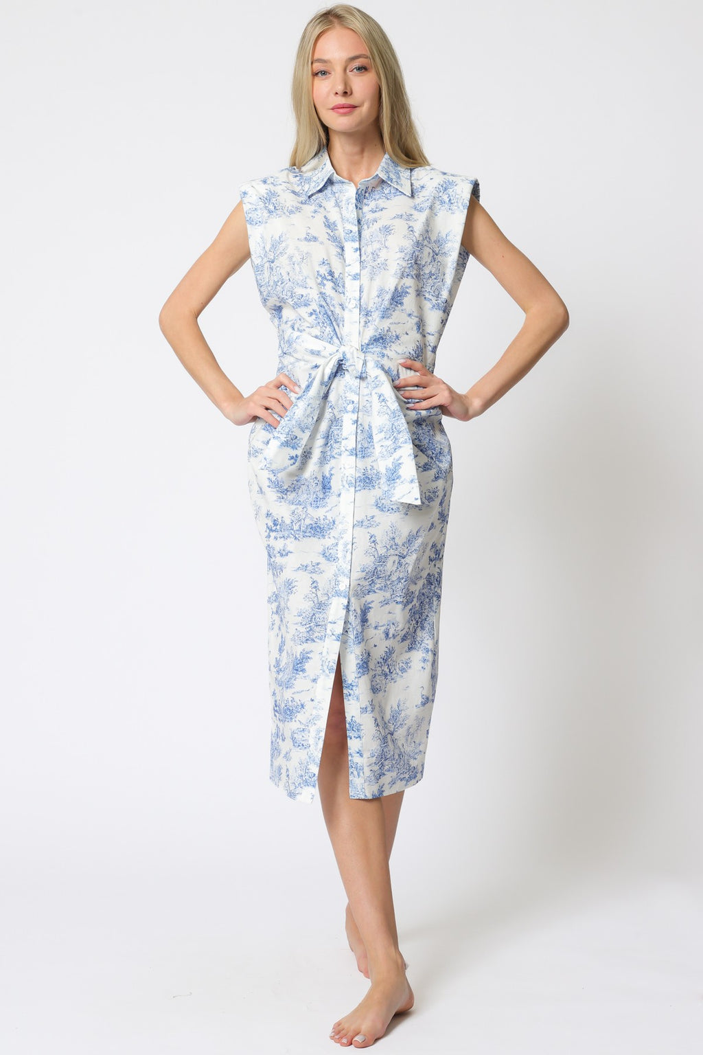 AAKAABLUE COLLAR BELTED MIDI DRESS